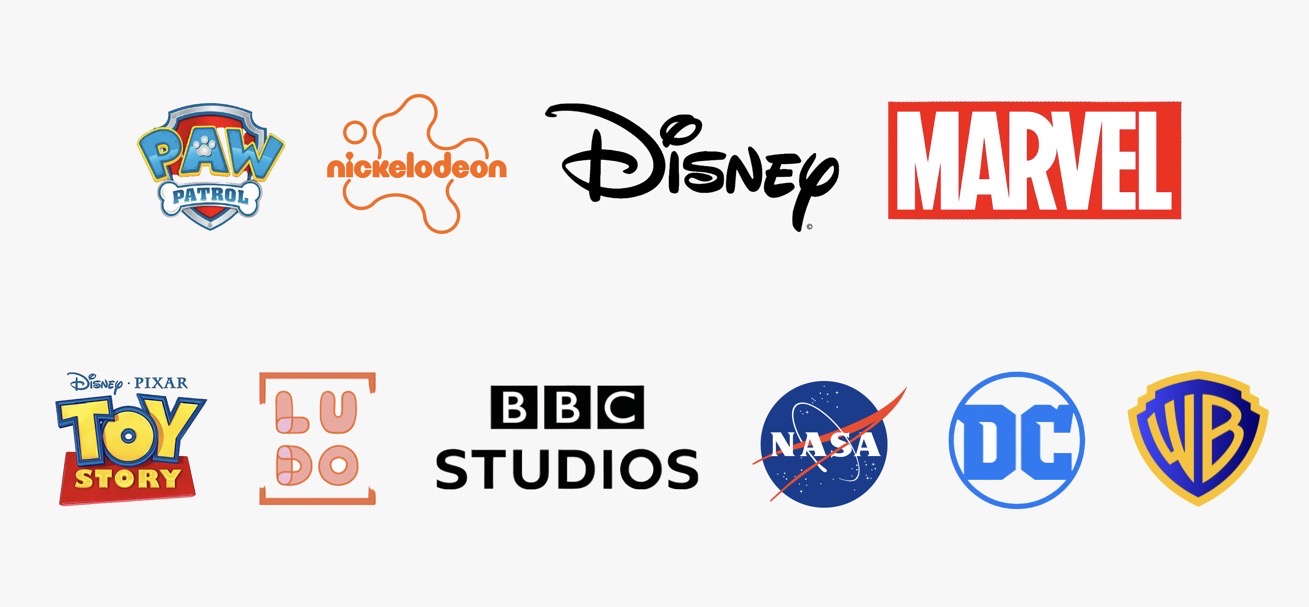Past licensing partners: PAW Patrol, Nickelodeon, Disney, Marvel, Disney Pixar Toy Story, Ludo, BBC Studios, NASA, DC Comics, Warner Bros.